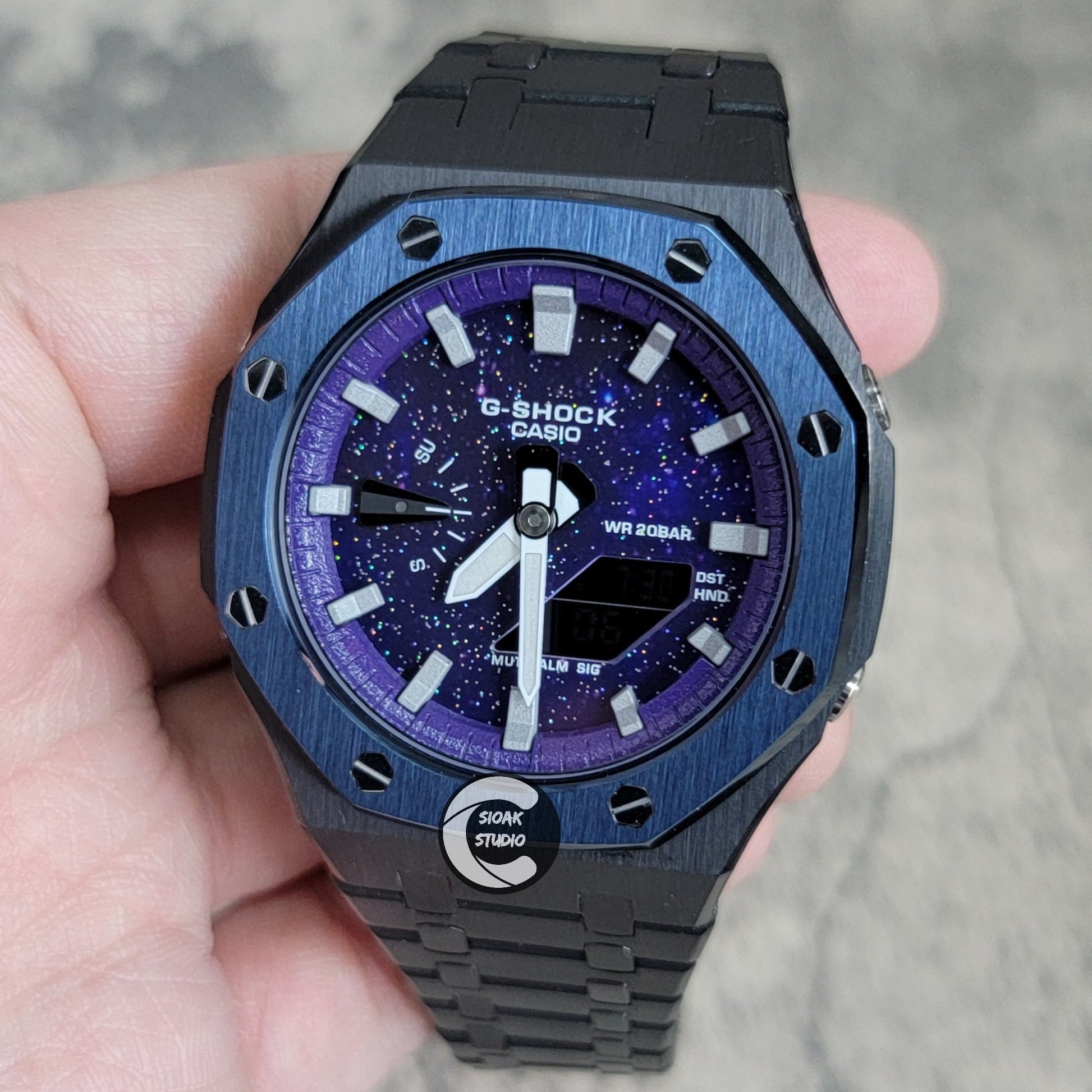 Casioak Mod Watch Blue Black Case Metal Strap Purple Silver Time Mark Purple Dial 44mm- Casioak Mod Casio G-Shock Royal Oak Custom Mens Luxury Watches Ga2100