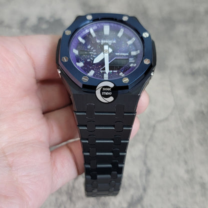 Casioak Mod Watch Blue Black Case Metal Strap Purple Silver Time Mark Purple Dial 44mm- Casioak Mod Casio G-Shock Royal Oak Custom Mens Luxury Watches Ga2100