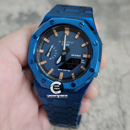 Casioak Mod Watch Blue Case Metal Strap Black Rosegold Time Mark Blue Waffle Dial 44mm- Casioak Mod Casio G-Shock Royal Oak Custom Mens Luxury Watches Ga2100