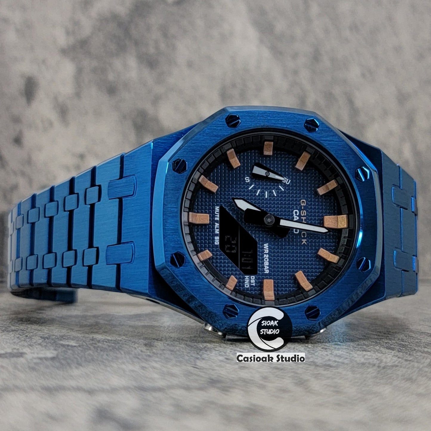 Casioak Mod Watch Blue Case Metal Strap Black Rosegold Time Mark Blue Waffle Dial 44mm- Casioak Mod Casio G-Shock Royal Oak Custom Mens Luxury Watches Ga2100