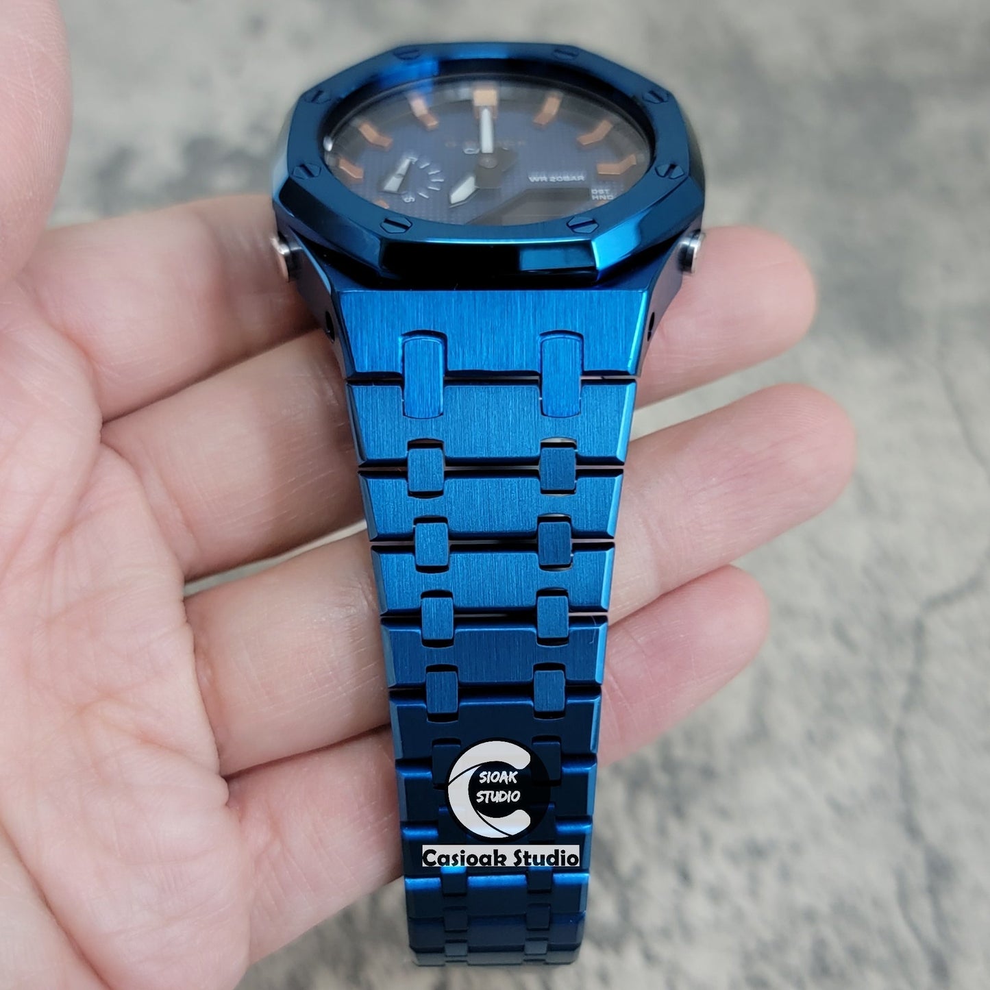 Casioak Mod Watch Blue Case Metal Strap Black Rosegold Time Mark Blue Waffle Dial 44mm- Casioak Mod Casio G-Shock Royal Oak Custom Mens Luxury Watches Ga2100