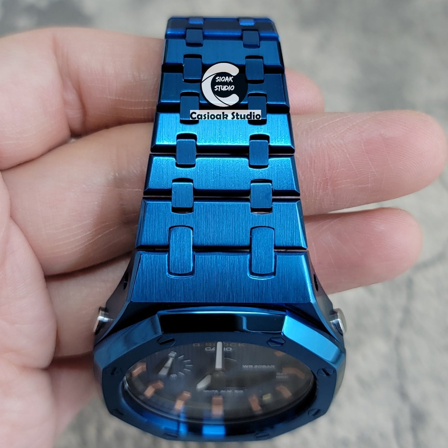 Casioak Mod Watch Blue Case Metal Strap Black Rosegold Time Mark Blue Waffle Dial 44mm- Casioak Mod Casio G-Shock Royal Oak Custom Mens Luxury Watches Ga2100