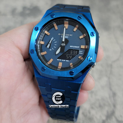 Casioak Mod Watch Blue Case Metal Strap Black Rosegold Time Mark Blue Waffle Dial 44mm- Casioak Mod Casio G-Shock Royal Oak Custom Mens Luxury Watches Ga2100