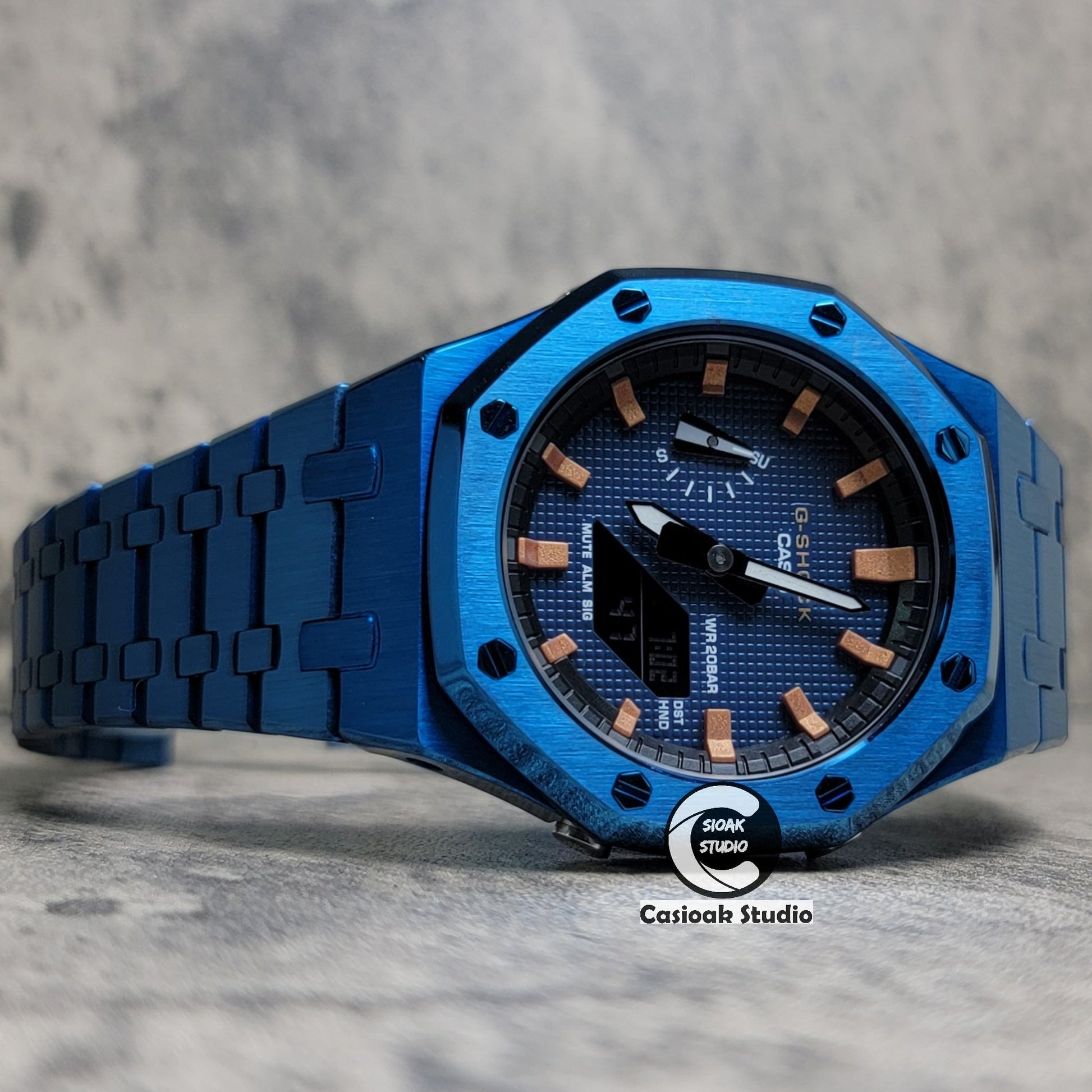 Casioak Mod Watch Blue Case Metal Strap Black Rosegold Time Mark Blue Waffle Dial 44mm- Casioak Mod Casio G-Shock Royal Oak Custom Mens Luxury Watches Ga2100