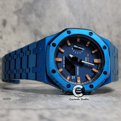 Casioak Mod Watch Blue Case Metal Strap Black Rosegold Time Mark Blue Waffle Dial 44mm- Casioak Mod Casio G-Shock Royal Oak Custom Mens Luxury Watches Ga2100