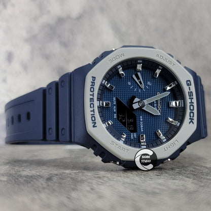 Casioak Mod Watch Blue Plastic Case Strap Silver Time Mark Blue Waffle Dial 44mm- Casioak Mod Casio G-Shock Royal Oak Custom Mens Luxury Watches Ga2100