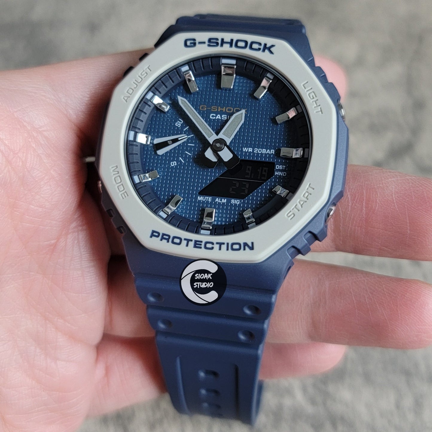 Casioak Mod Watch Blue Plastic Case Strap Silver Time Mark Blue Waffle Dial 44mm- Casioak Mod Casio G-Shock Royal Oak Custom Mens Luxury Watches Ga2100