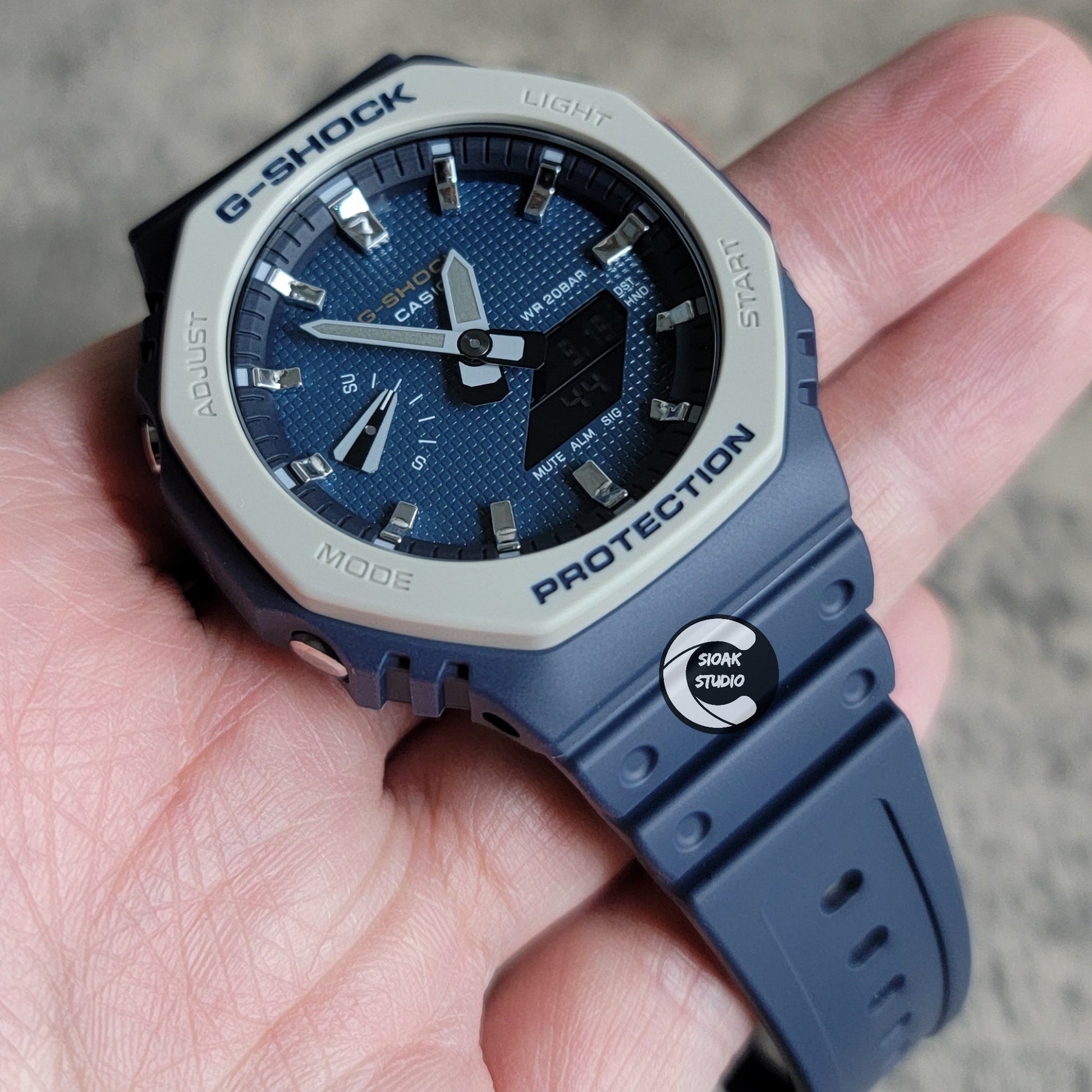 Casioak Mod Watch Blue Plastic Case Strap Silver Time Mark Blue Waffle Dial 44mm- Casioak Mod Casio G-Shock Royal Oak Custom Mens Luxury Watches Ga2100