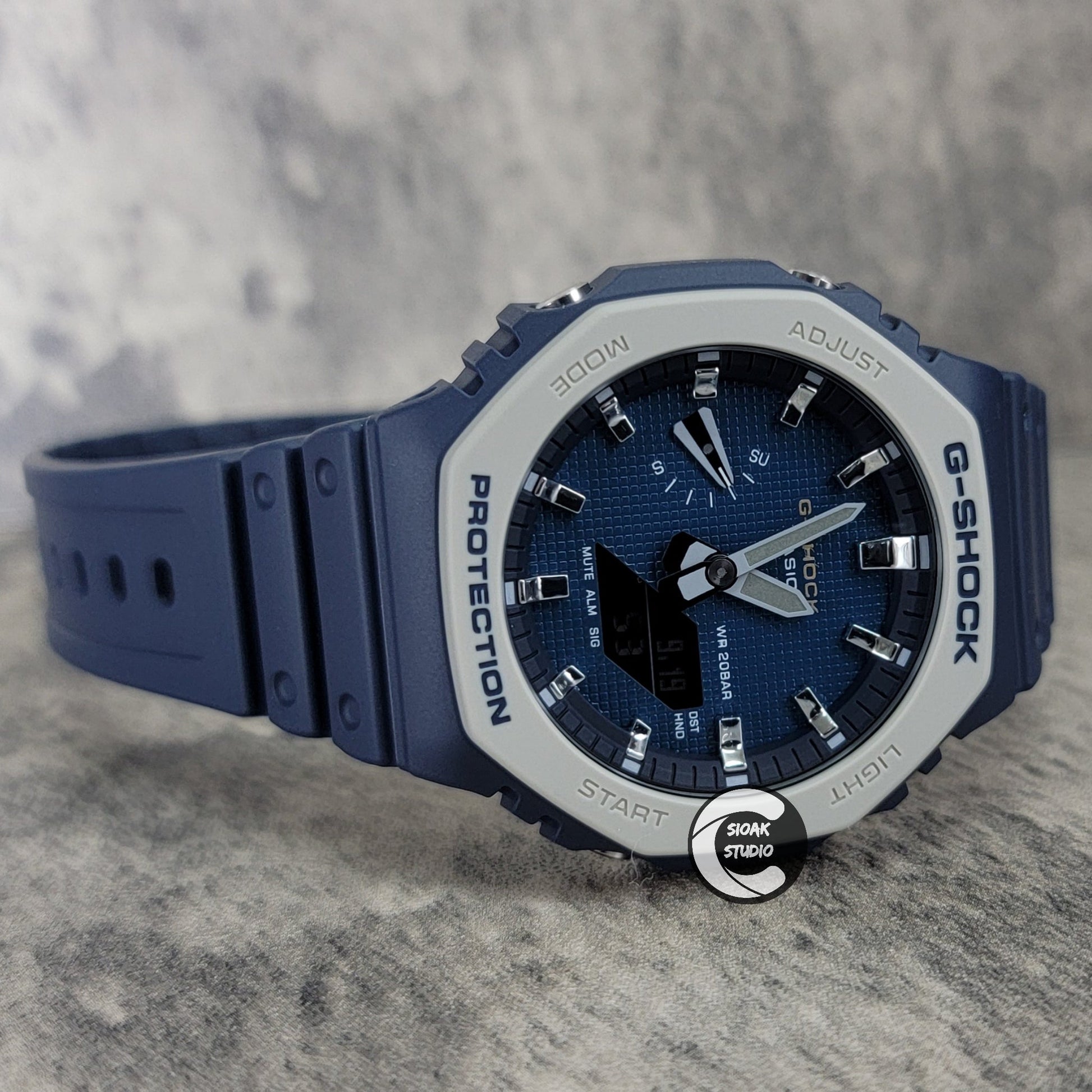 Casioak Mod Watch Blue Plastic Case Strap Silver Time Mark Blue Waffle Dial 44mm- Casioak Mod Casio G-Shock Royal Oak Custom Mens Luxury Watches Ga2100