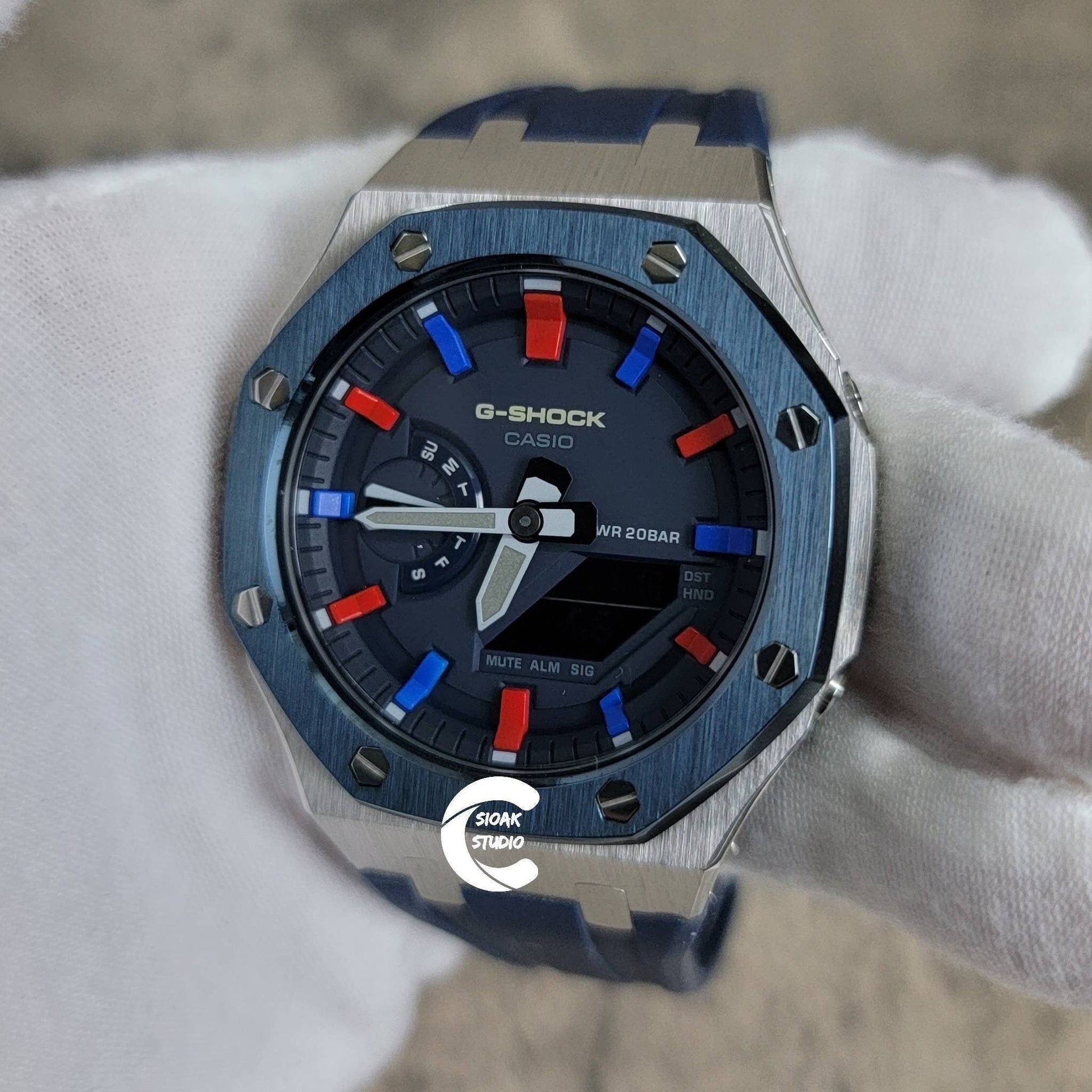 Casioak Mod Watch Blue Silver Case Black Rubber Strap Blue Red Time Mark Blue Dial 44mm- Casioak Mod Casio G-Shock Royal Oak Custom Mens Luxury Watches Ga2100