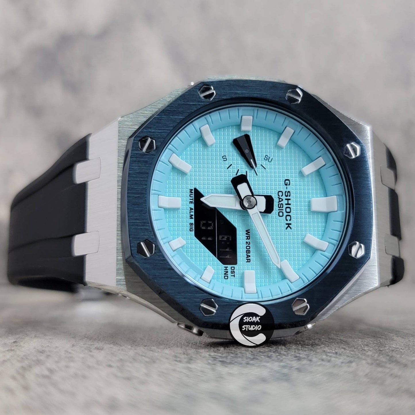 Casioak Mod Watch Blue Silver Case Black Rubber Strap Tiff Blue White Time Mark Tiff Blue Dial 44mm- Casioak Mod Casio G-Shock Royal Oak Custom Mens Luxury Watches Ga2100