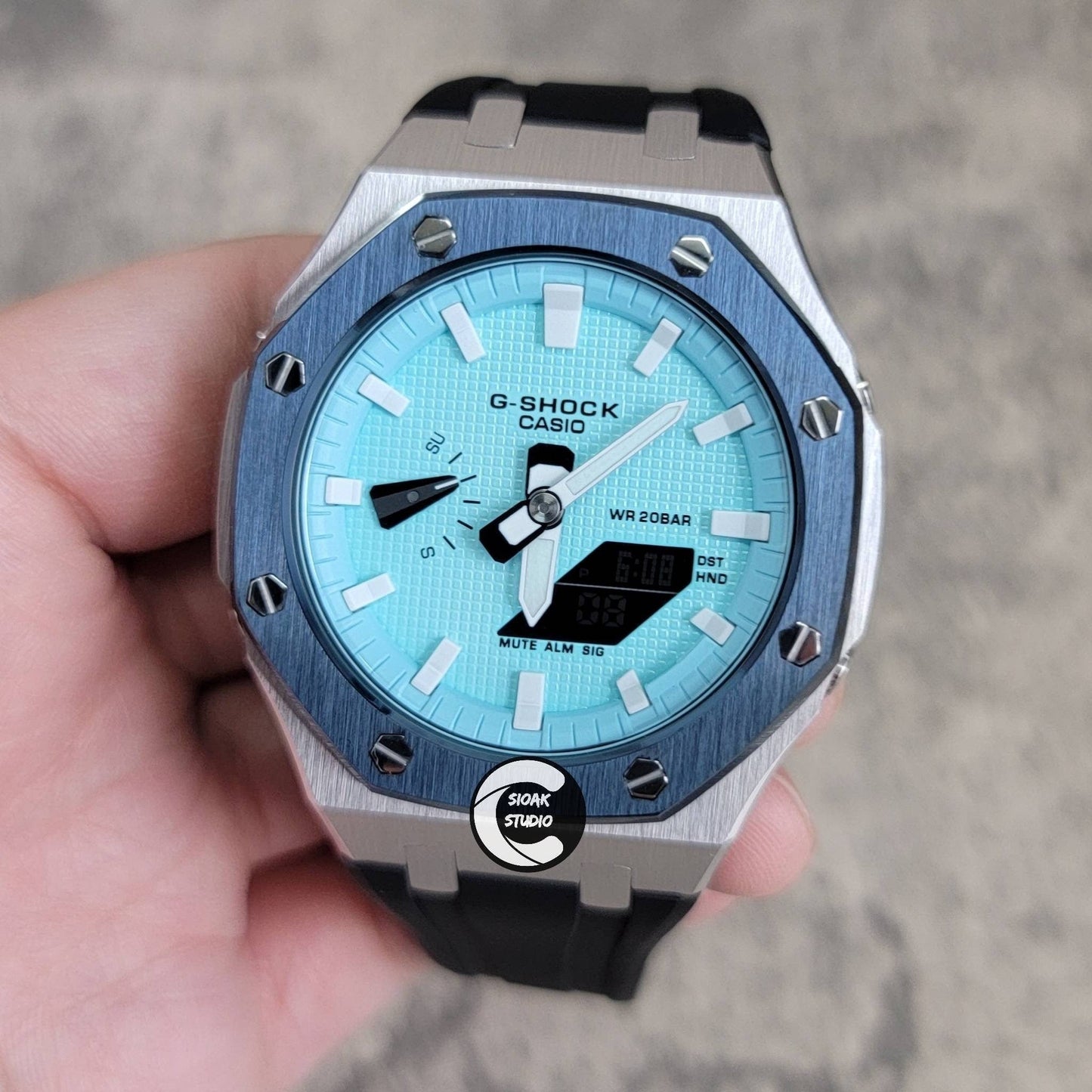 Casioak Mod Watch Blue Silver Case Black Rubber Strap Tiff Blue White Time Mark Tiff Blue Dial 44mm- Casioak Mod Casio G-Shock Royal Oak Custom Mens Luxury Watches Ga2100