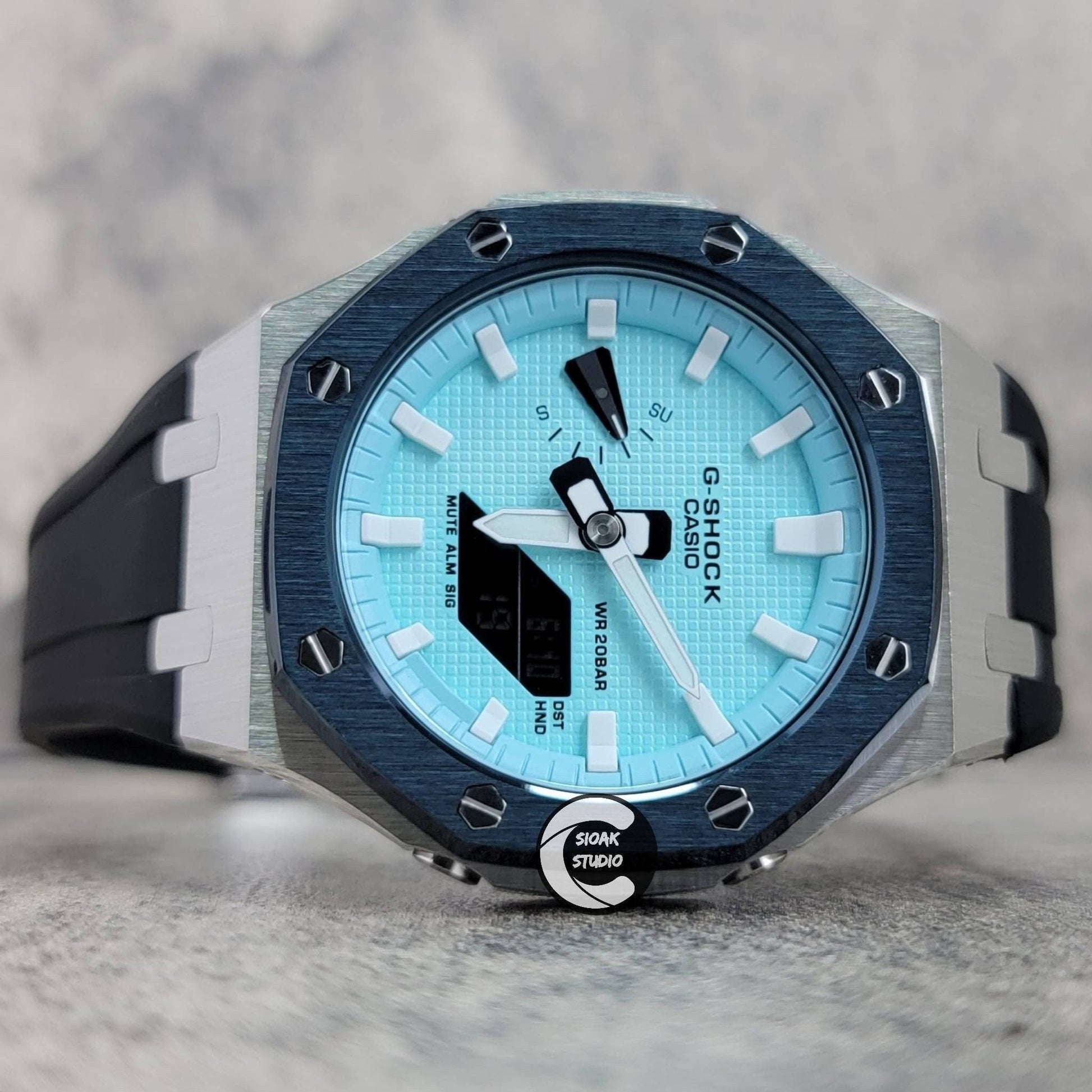 Casioak Mod Watch Blue Silver Case Black Rubber Strap Tiff White Time Mark Tiff Blue Dial 44mm- Casioak Mod Casio G-Shock Royal Oak Custom Mens Luxury Watches Ga2100