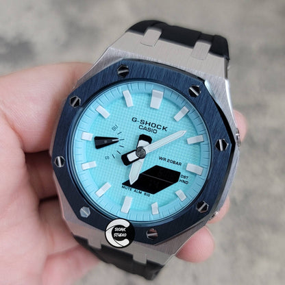 Casioak Mod Watch Blue Silver Case Black Rubber Strap Tiff White Time Mark Tiff Blue Dial 44mm- Casioak Mod Casio G-Shock Royal Oak Custom Mens Luxury Watches Ga2100