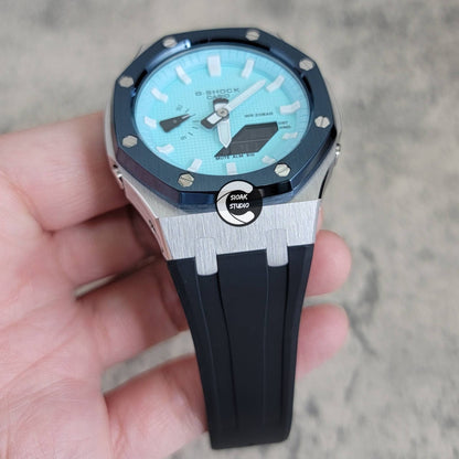 Casioak Mod Watch Blue Silver Case Black Rubber Strap Tiff White Time Mark Tiff Blue Dial 44mm- Casioak Mod Casio G-Shock Royal Oak Custom Mens Luxury Watches Ga2100