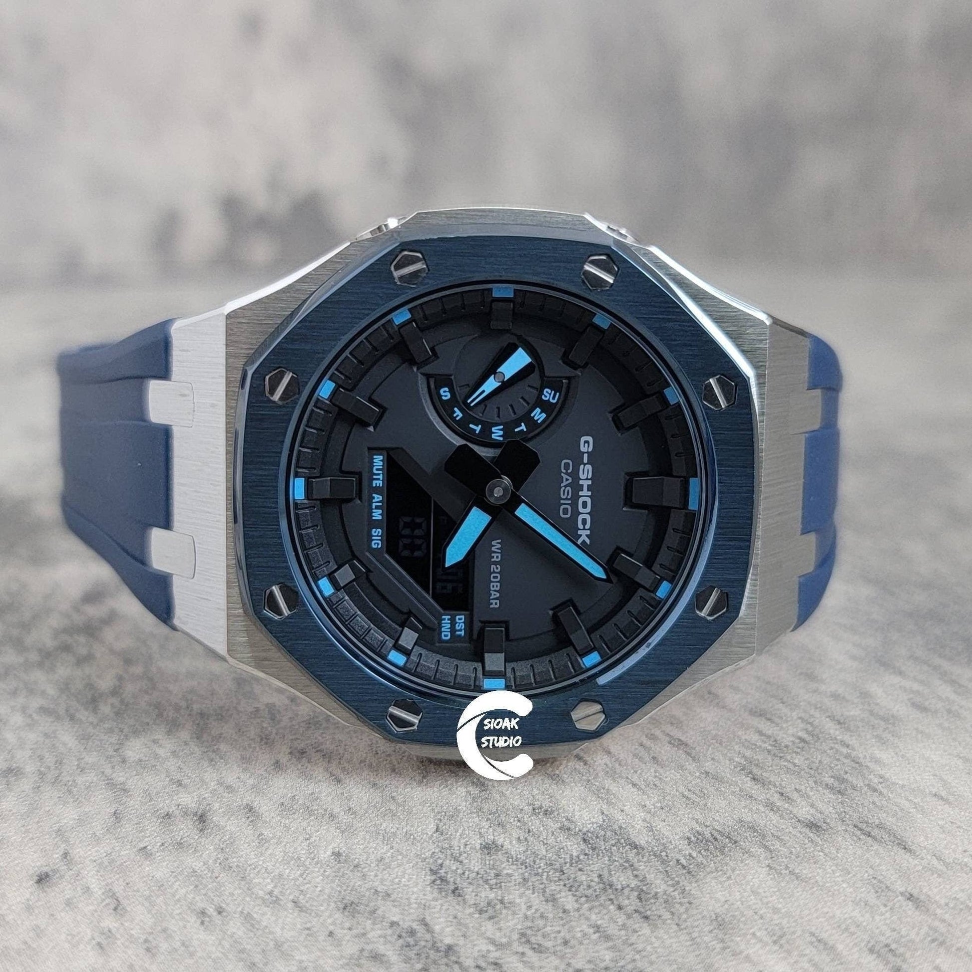 Casioak Mod Watch Blue Silver Case Blue Rubber Strap Black Time Mark Black Dial 44mm- Casioak Mod Casio G-Shock Royal Oak Custom Mens Luxury Watches Ga2100