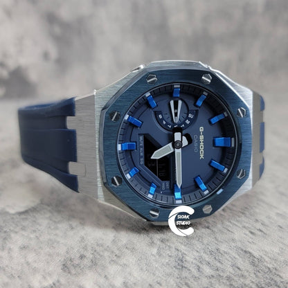 Casioak Mod Watch Blue Silver Case Blue Rubber Strap Blue Blue Time Mark Blue Dial 44mm- Casioak Mod Casio G-Shock Royal Oak Custom Mens Luxury Watches Ga2100