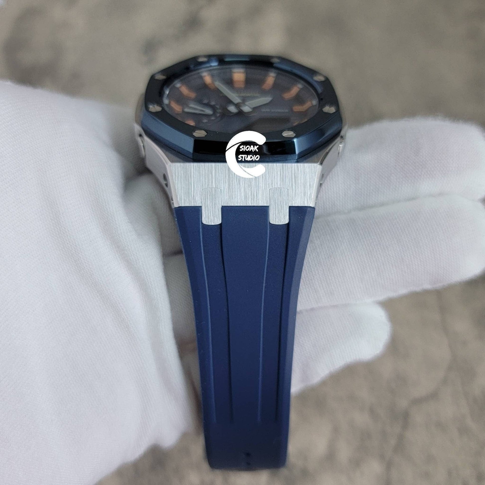 Casioak Mod Watch Blue Silver Case Blue Rubber Strap Blue Rose Gold Time Mark Blue Dial 44mm- Casioak Mod Casio G-Shock Royal Oak Custom Mens Luxury Watches Ga2100