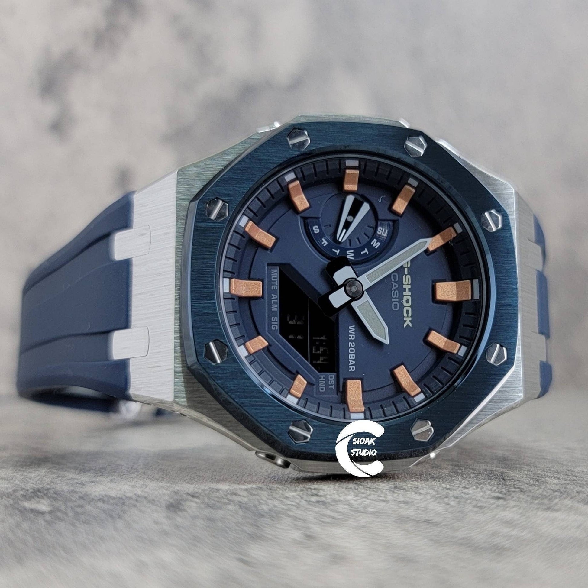 Casioak Mod Watch Blue Silver Case Blue Rubber Strap Blue Rose Gold Time Mark Blue Dial 44mm- Casioak Mod Casio G-Shock Royal Oak Custom Mens Luxury Watches Ga2100