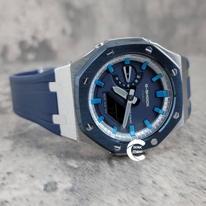 Casioak Mod Watch Blue Silver Case Blue Rubber Strap Silver Blue Time Mark Blue Dial 44mm- Casioak Mod Casio G-Shock Royal Oak Custom Mens Luxury Watches Ga2100