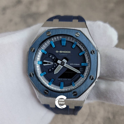 Casioak Mod Watch Blue Silver Case Blue Rubber Strap Silver Blue Time Mark Blue Dial 44mm with Extrap Yellow Strap with Black Clasp- Casioak Mod Casio G-Shock Royal Oak Custom Mens Luxury Watches Ga2100