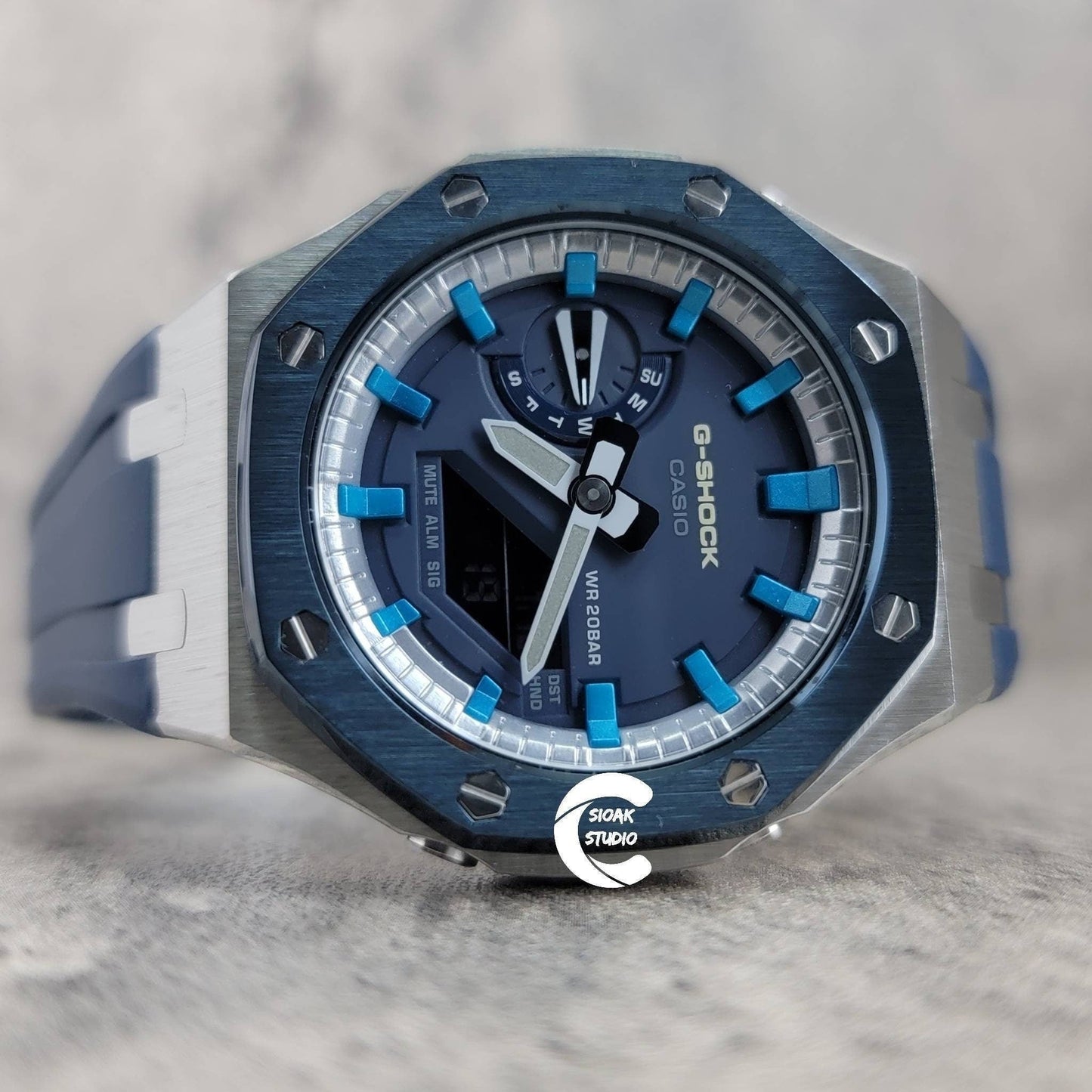 Casioak Mod Watch Blue Silver Case Blue Rubber Strap Silver Blue Time Mark Blue Dial 44mm with Extrap Yellow Strap with Black Clasp- Casioak Mod Casio G-Shock Royal Oak Custom Mens Luxury Watches Ga2100