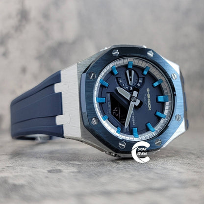 Casioak Mod Watch Blue Silver Case Blue Rubber Strap Silver Blue Time Mark Blue Dial 44mm with Extrap Yellow Strap with Black Clasp- Casioak Mod Casio G-Shock Royal Oak Custom Mens Luxury Watches Ga2100