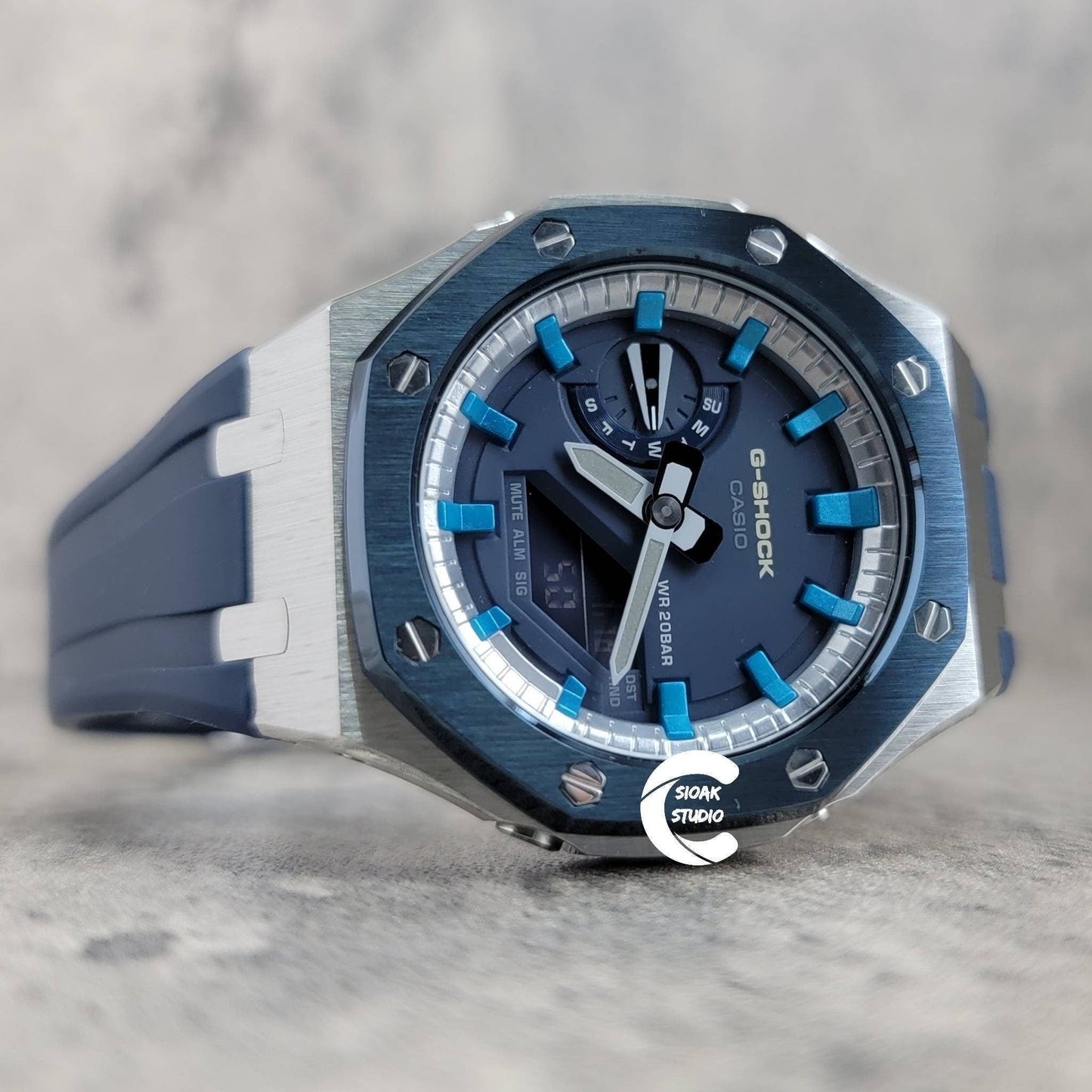 Casioak Mod Watch Blue Silver Case Blue Rubber Strap Silver Blue Time Mark Blue Dial 44mm with Extrap Yellow Strap with Black Clasp- Casioak Mod Casio G-Shock Royal Oak Custom Mens Luxury Watches Ga2100