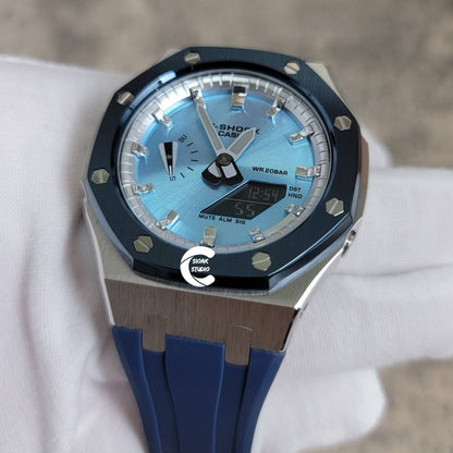 Casioak Mod Watch Blue Silver Case Blue Rubber Strap Silver Time Mark Ice Blue Dial 44mm- Casioak Mod Casio G-Shock Royal Oak Custom Mens Luxury Watches Ga2100