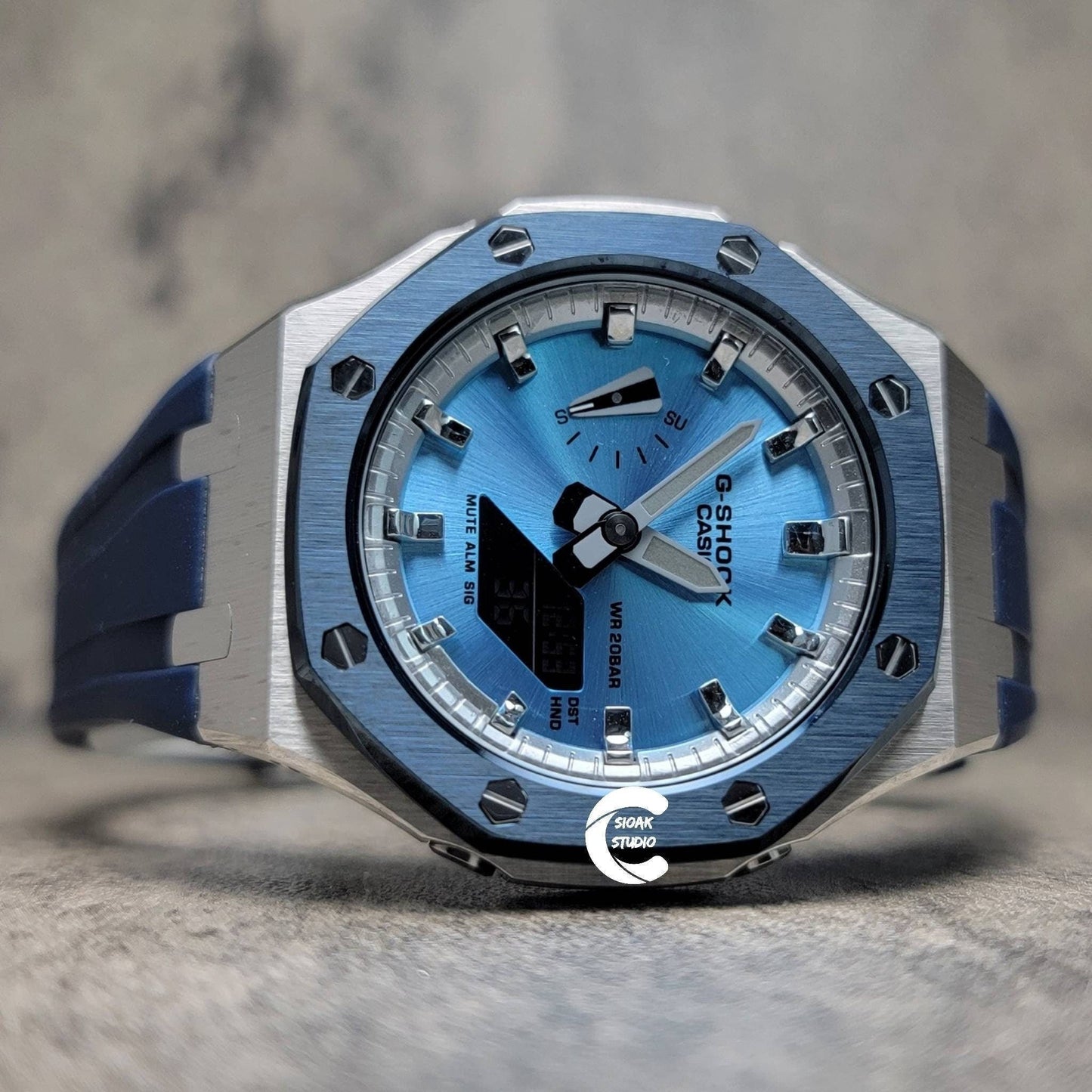 Casioak Mod Watch Blue Silver Case Blue Rubber Strap Silver Time Mark Ice Blue Dial 44mm- Casioak Mod Casio G-Shock Royal Oak Custom Mens Luxury Watches Ga2100