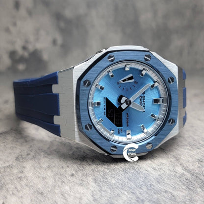 Casioak Mod Watch Blue Silver Case Blue Rubber Strap Silver Time Mark Ice Blue Dial 44mm- Casioak Mod Casio G-Shock Royal Oak Custom Mens Luxury Watches Ga2100