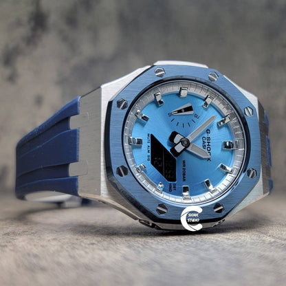 Casioak Mod Watch Blue Silver Case Blue Rubber Strap Silver Time Mark Ice Blue Dial 44mm- Casioak Mod Casio G-Shock Royal Oak Custom Mens Luxury Watches Ga2100