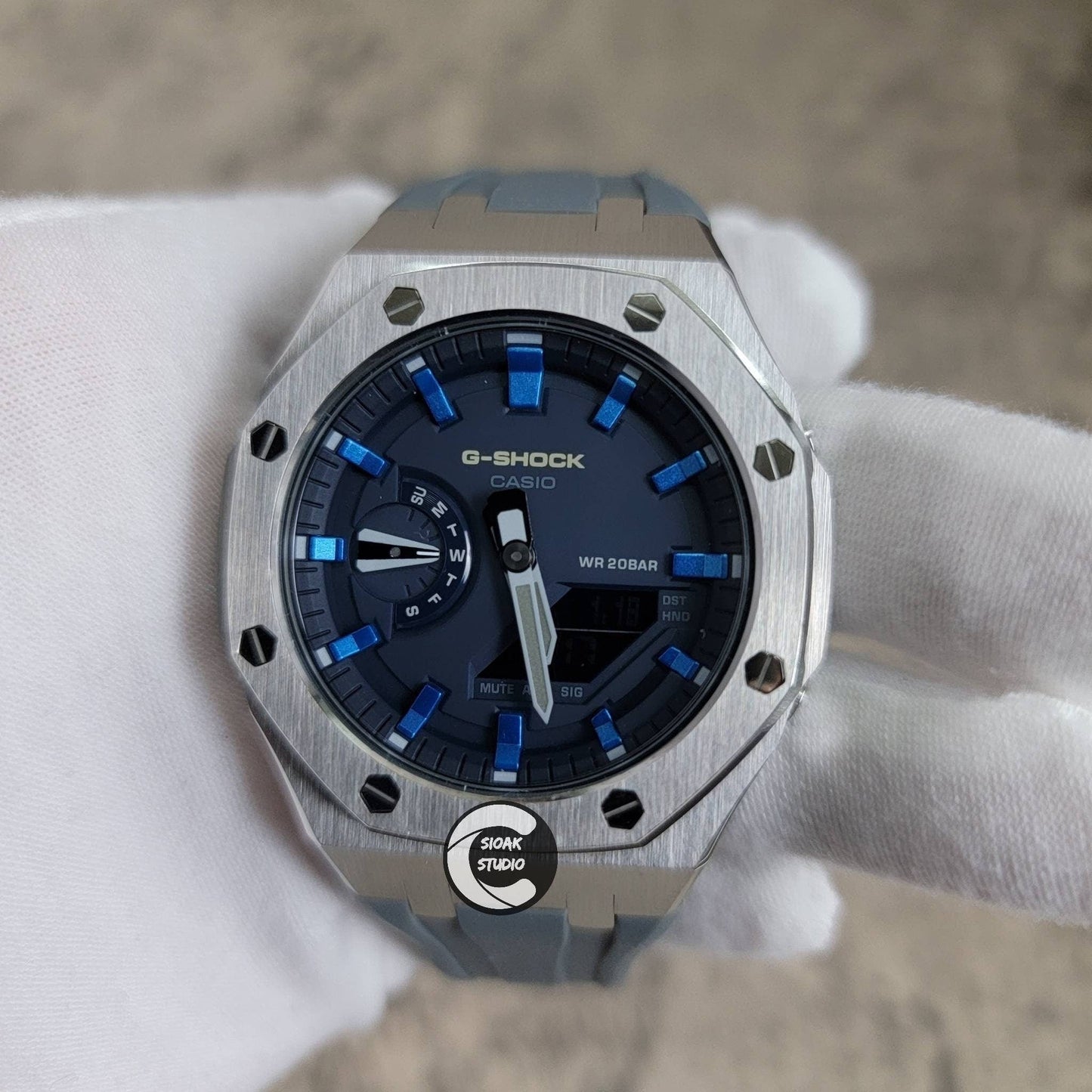 Casioak Mod Watch Blue Silver Case Gray Rubber Strap Blue Blue Time Mark Blue Dial 44mm- Casioak Mod Casio G-Shock Royal Oak Custom Mens Luxury Watches Ga2100