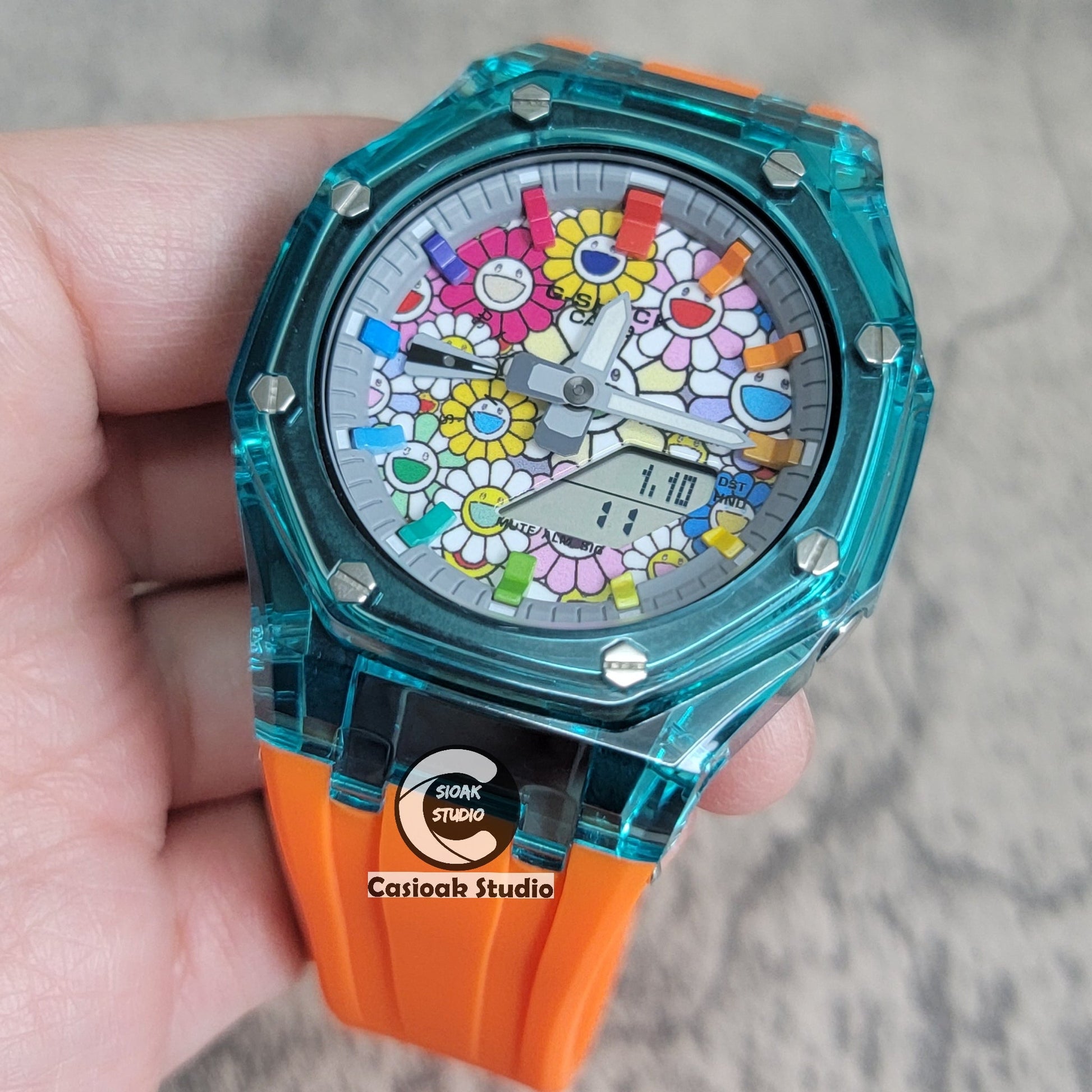 Casioak Mod Watch Blue Transparent Case Orange Strap Gray Rainbow Time Mark Takashi Murakami Dial 44mm- Casioak Mod Casio G-Shock Royal Oak Custom Mens Luxury Watches Ga2100