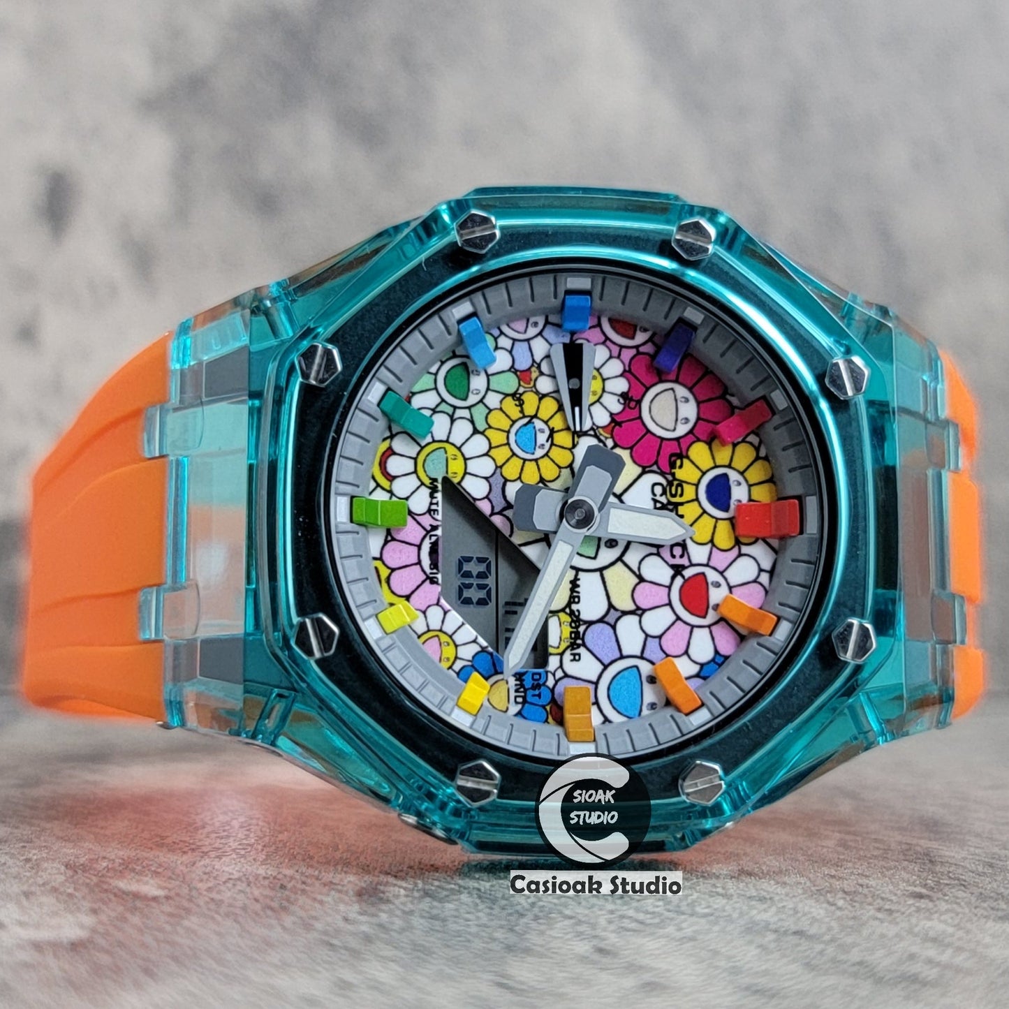 Casioak Mod Watch Blue Transparent Case Orange Strap Gray Rainbow Time Mark Takashi Murakami Dial 44mm- Casioak Mod Casio G-Shock Royal Oak Custom Mens Luxury Watches Ga2100