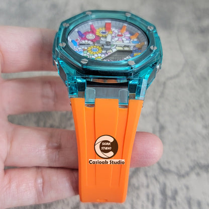 Casioak Mod Watch Blue Transparent Case Orange Strap Gray Rainbow Time Mark Takashi Murakami Dial 44mm- Casioak Mod Casio G-Shock Royal Oak Custom Mens Luxury Watches Ga2100