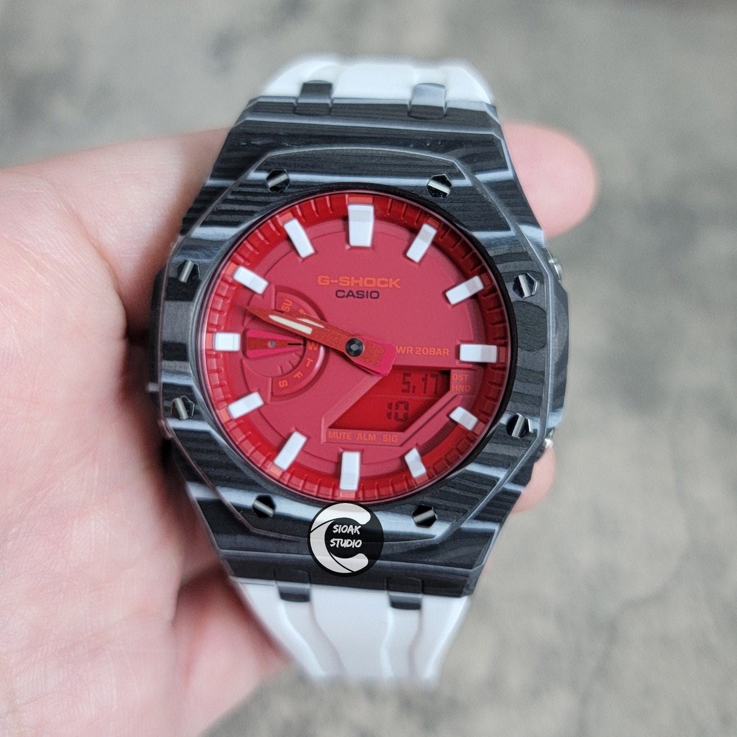 Casioak Mod Watch Carbon Black Case White Strap Time Mark Red Dial 44mm- Casioak Mod Casio G-Shock Royal Oak Custom Mens Luxury Watches Ga2100