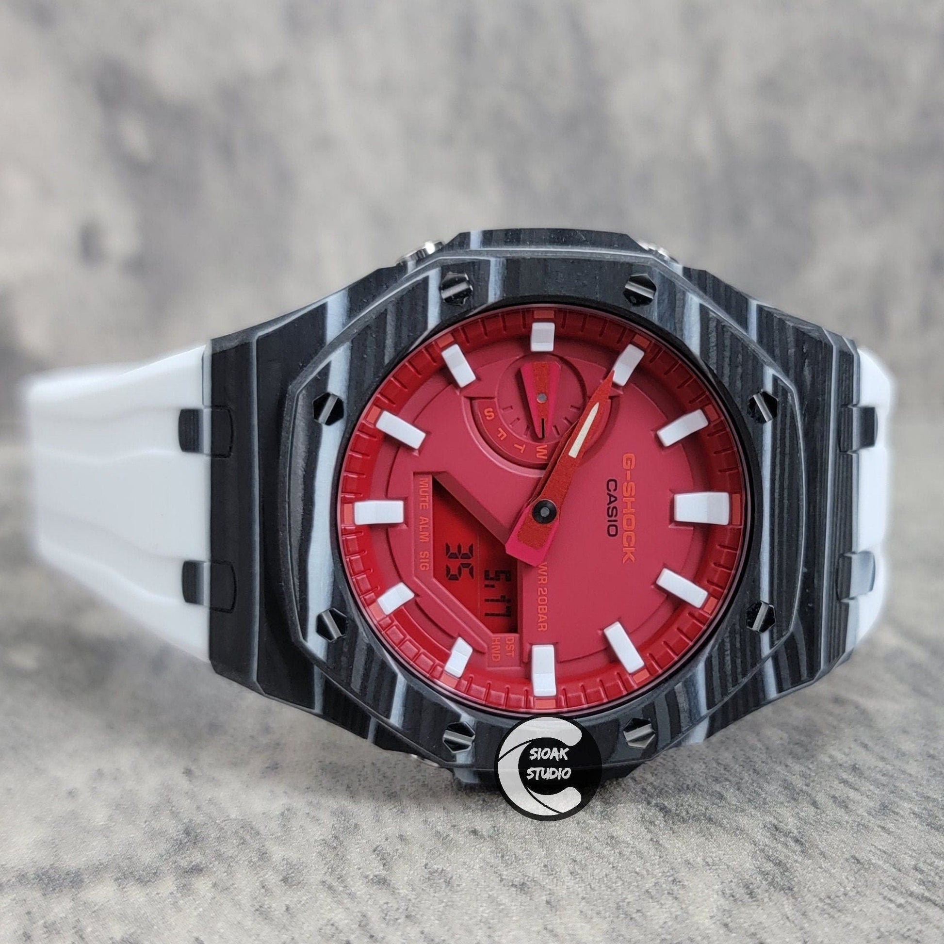 Casioak Mod Watch Carbon Black Case White Strap Time Mark Red Dial 44mm- Casioak Mod Casio G-Shock Royal Oak Custom Mens Luxury Watches Ga2100