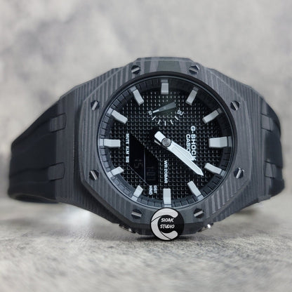 Casioak Mod Watch Carbon Fiber Black Case Black Strap Black Grey Time Mark Black Waffle Dial 44mm- Casioak Mod Casio G-Shock Royal Oak Custom Mens Luxury Watches Ga2100