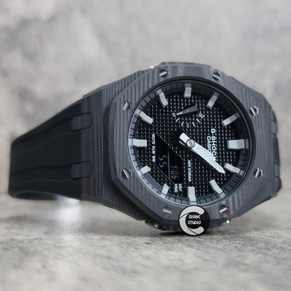 Casioak Mod Watch Carbon Fiber Black Case Black Strap Black Grey Time Mark Black Waffle Dial 44mm- Casioak Mod Casio G-Shock Royal Oak Custom Mens Luxury Watches Ga2100