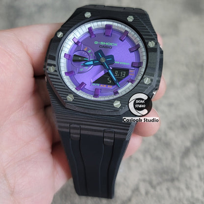 Casioak Mod Watch Carbon Fiber Black Case Black Strap Silver Purple Time Mark Purple Dial 44mm- Casioak Mod Casio G-Shock Royal Oak Custom Mens Luxury Watches Ga2100