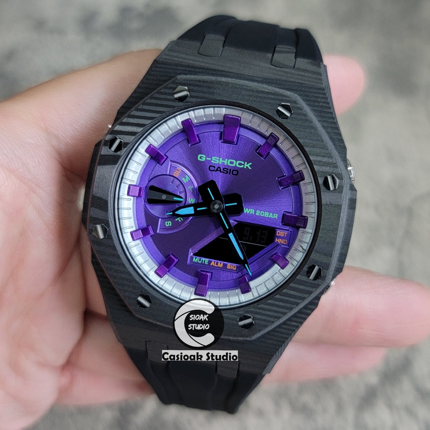 Casioak Mod Watch Carbon Fiber Black Case Black Strap Silver Purple Time Mark Purple Dial 44mm- Casioak Mod Casio G-Shock Royal Oak Custom Mens Luxury Watches Ga2100