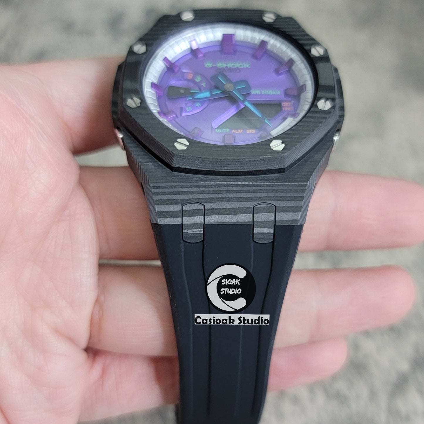 Casioak Mod Watch Carbon Fiber Black Case Black Strap Silver Purple Time Mark Purple Dial 44mm- Casioak Mod Casio G-Shock Royal Oak Custom Mens Luxury Watches Ga2100