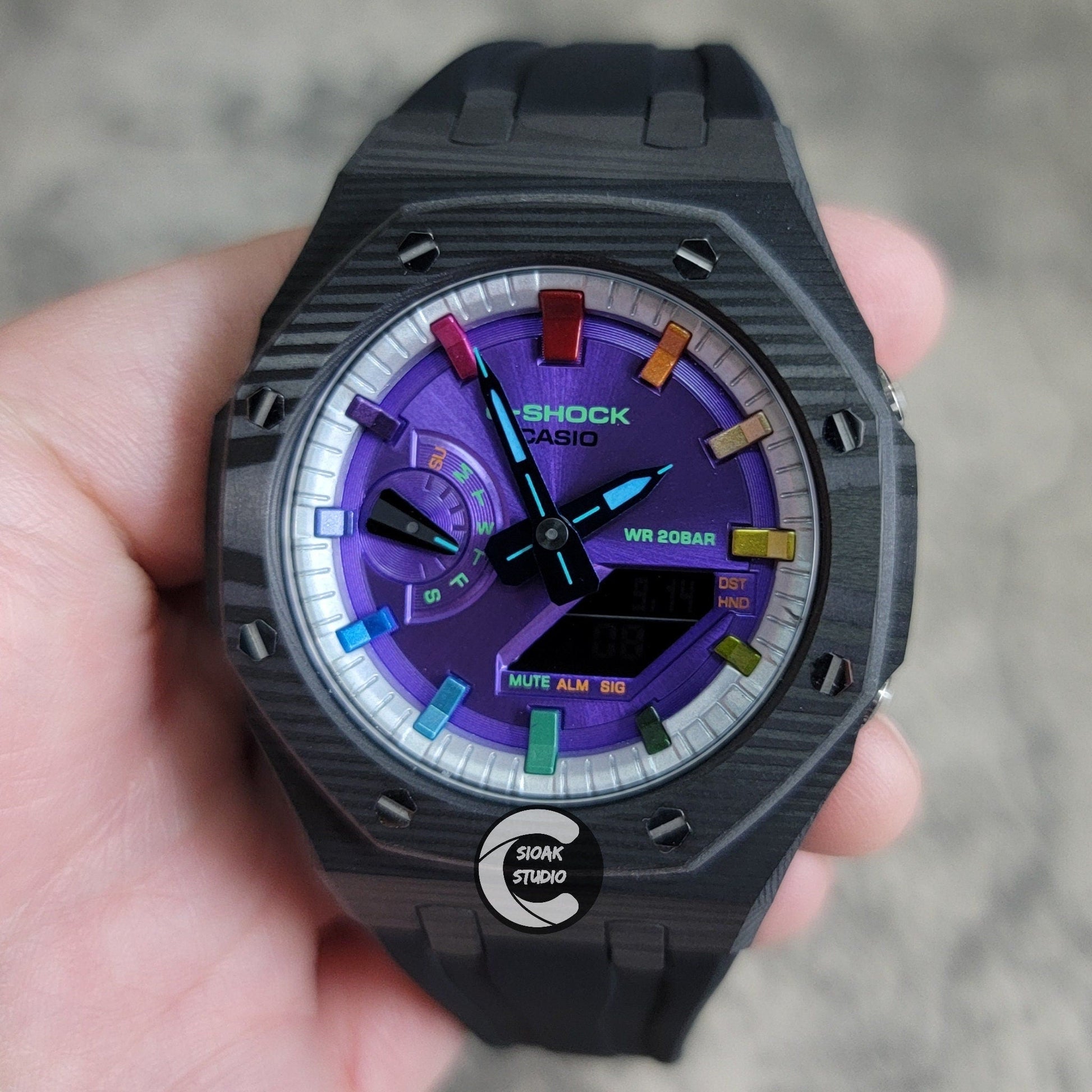 Casioak Mod Watch Carbon Fiber Black Case Black Strap Silver Rainbow Time Mark Purple Dial 44mm- Casioak Mod Casio G-Shock Royal Oak Custom Mens Luxury Watches Ga2100