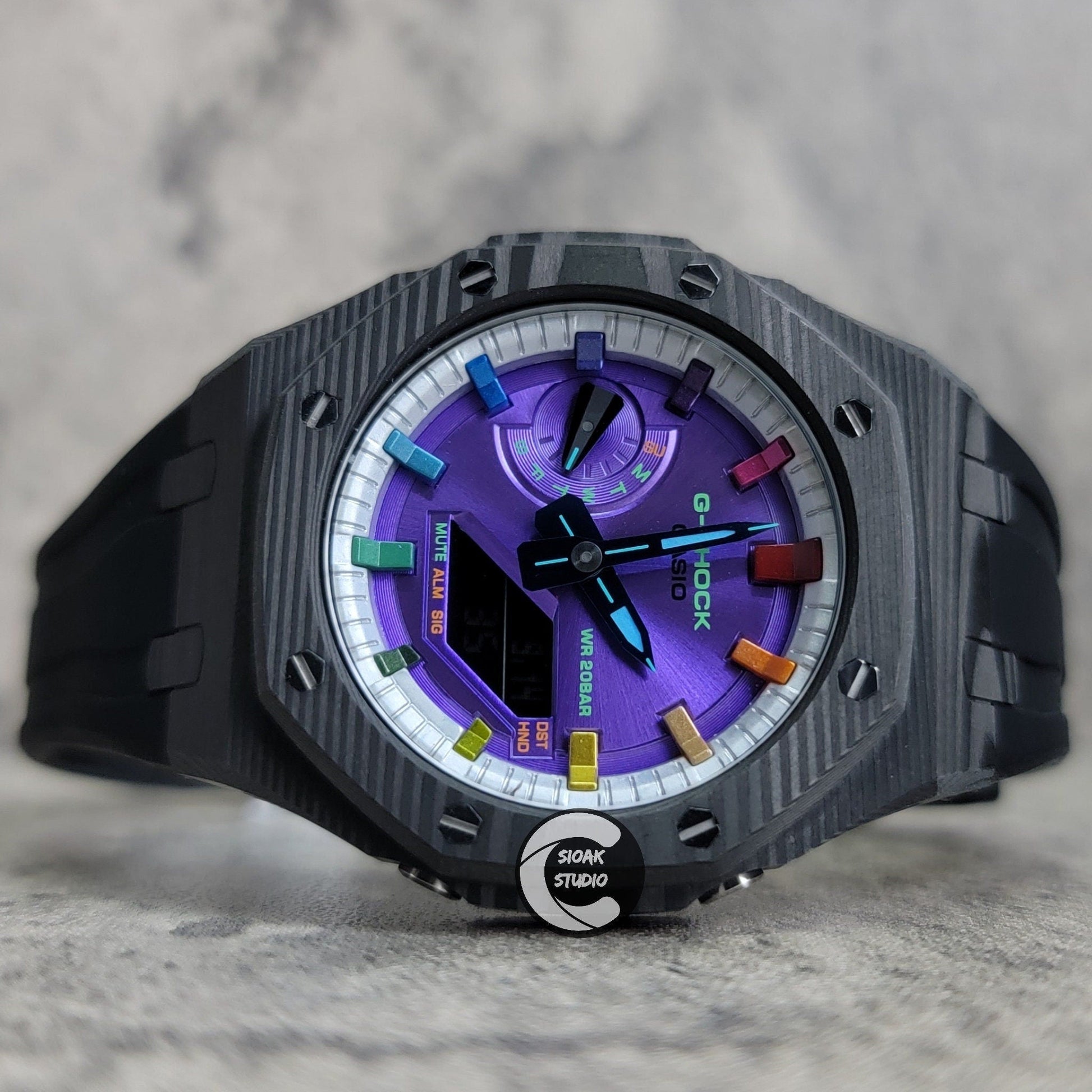 Casioak Mod Watch Carbon Fiber Black Case Black Strap Silver Rainbow Time Mark Purple Dial 44mm- Casioak Mod Casio G-Shock Royal Oak Custom Mens Luxury Watches Ga2100