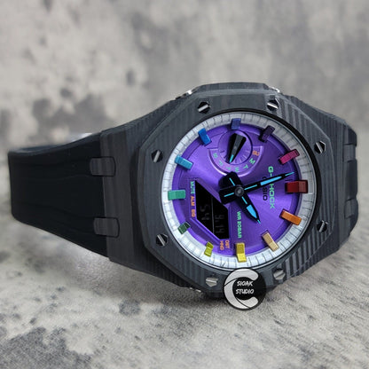 Casioak Mod Watch Carbon Fiber Black Case Black Strap Silver Rainbow Time Mark Purple Dial 44mm- Casioak Mod Casio G-Shock Royal Oak Custom Mens Luxury Watches Ga2100