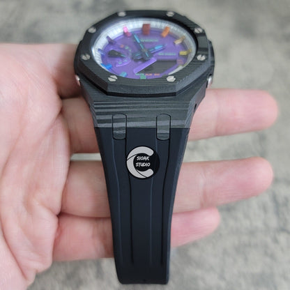 Casioak Mod Watch Carbon Fiber Black Case Black Strap Silver Rainbow Time Mark Purple Dial 44mm- Casioak Mod Casio G-Shock Royal Oak Custom Mens Luxury Watches Ga2100