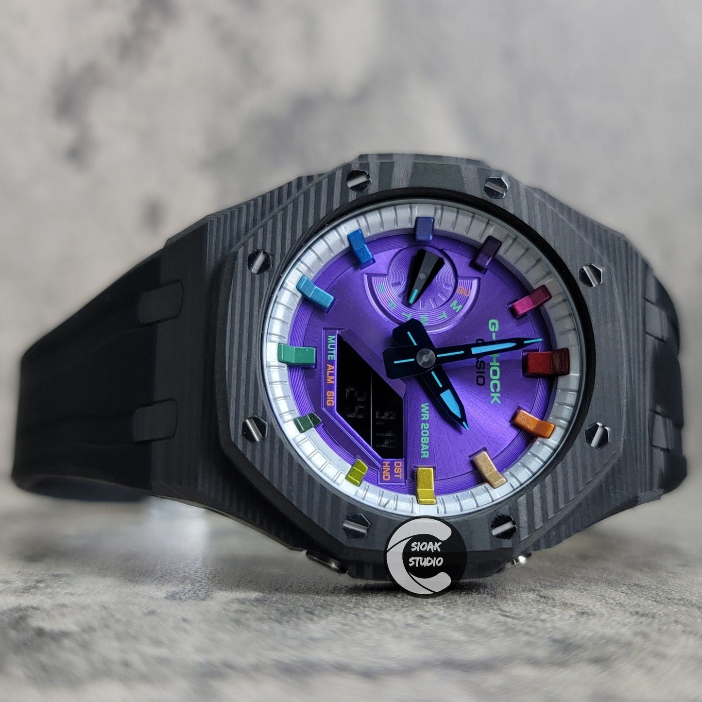 Casioak Mod Watch Carbon Fiber Black Case Black Strap Silver Rainbow Time Mark Purple Dial 44mm- Casioak Mod Casio G-Shock Royal Oak Custom Mens Luxury Watches Ga2100