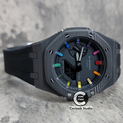 Casioak Mod Watch Carbon Fiber Case Black Strap Black Rainbow Time Mark Black Dial 44mm- Casioak Mod Casio G-Shock Royal Oak Custom Mens Luxury Watches Ga2100