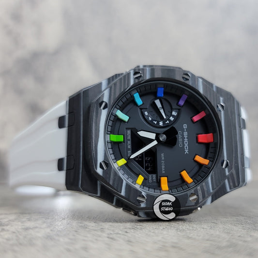 Casioak Mod Watch Carbon Fiber Case White Strap Black Rainbow Time Mark Black Dial 44mm- Casioak Mod Casio G-Shock Royal Oak Custom Mens Luxury Watches Ga2100